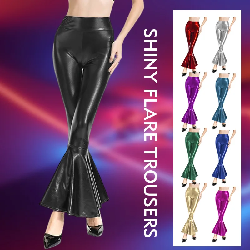 Women Shiny Flare Trousers Metallic Ruffles Wide Leg Pants Retro 70s Disco Hippie Club Trousers Shiny Gold Silver Skinny Pants