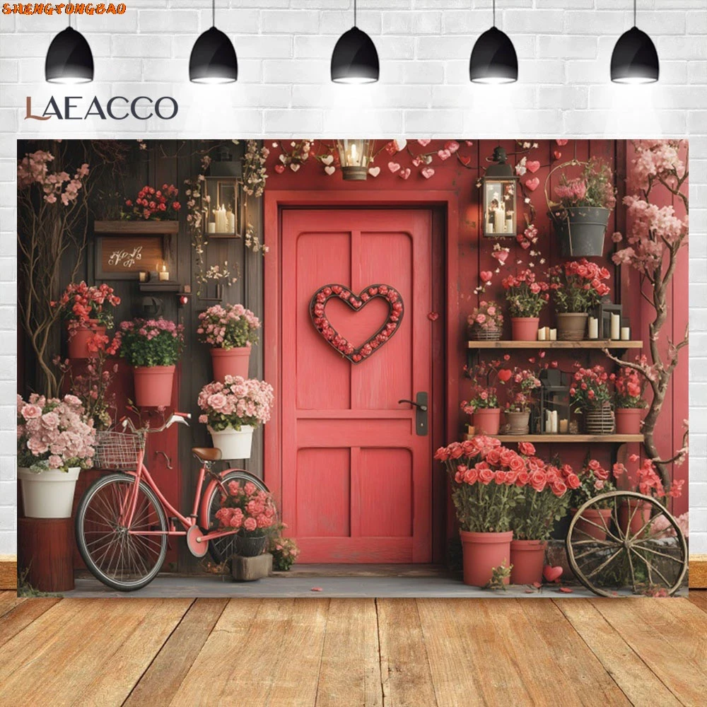 Valentine's Day Red Wooded Door Backdrop Pink Rose Love Heart Wedding Party Bridal Shower Backdrops for Photography Photocall