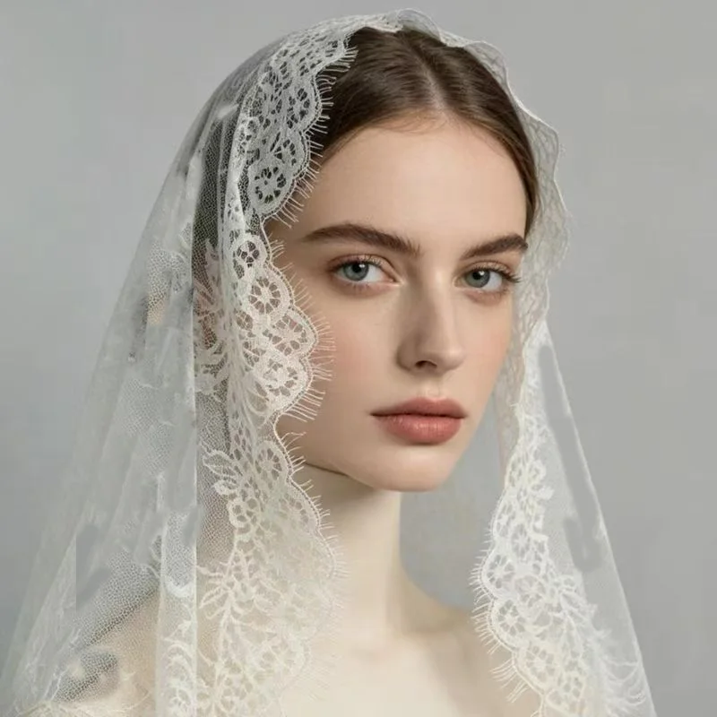 Full lace romantic cathedral veil wedding props bride wedding accessories soft lace ribbon comb headband customization