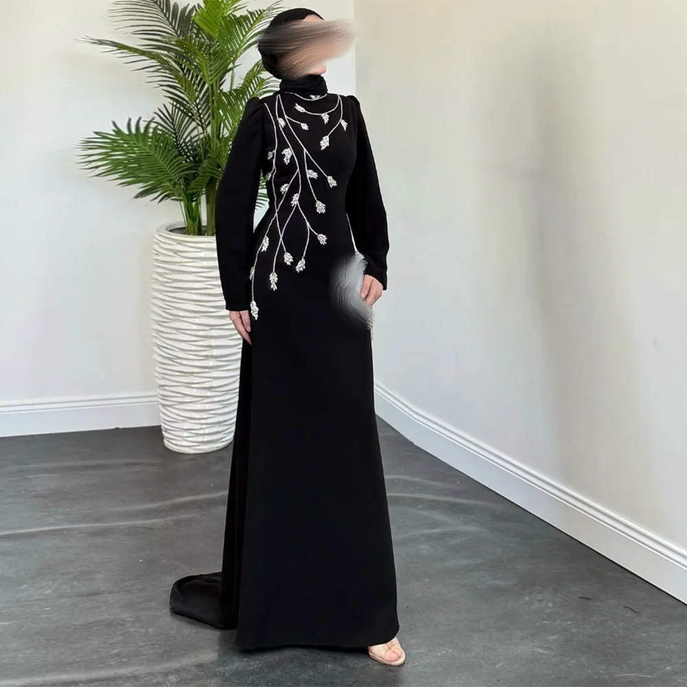 

Customized High Neck Evening Dresses Full Sleeve Sequined Flowers classical Saudi Long Prom Gown Modern Sweep Train Muslim Dress