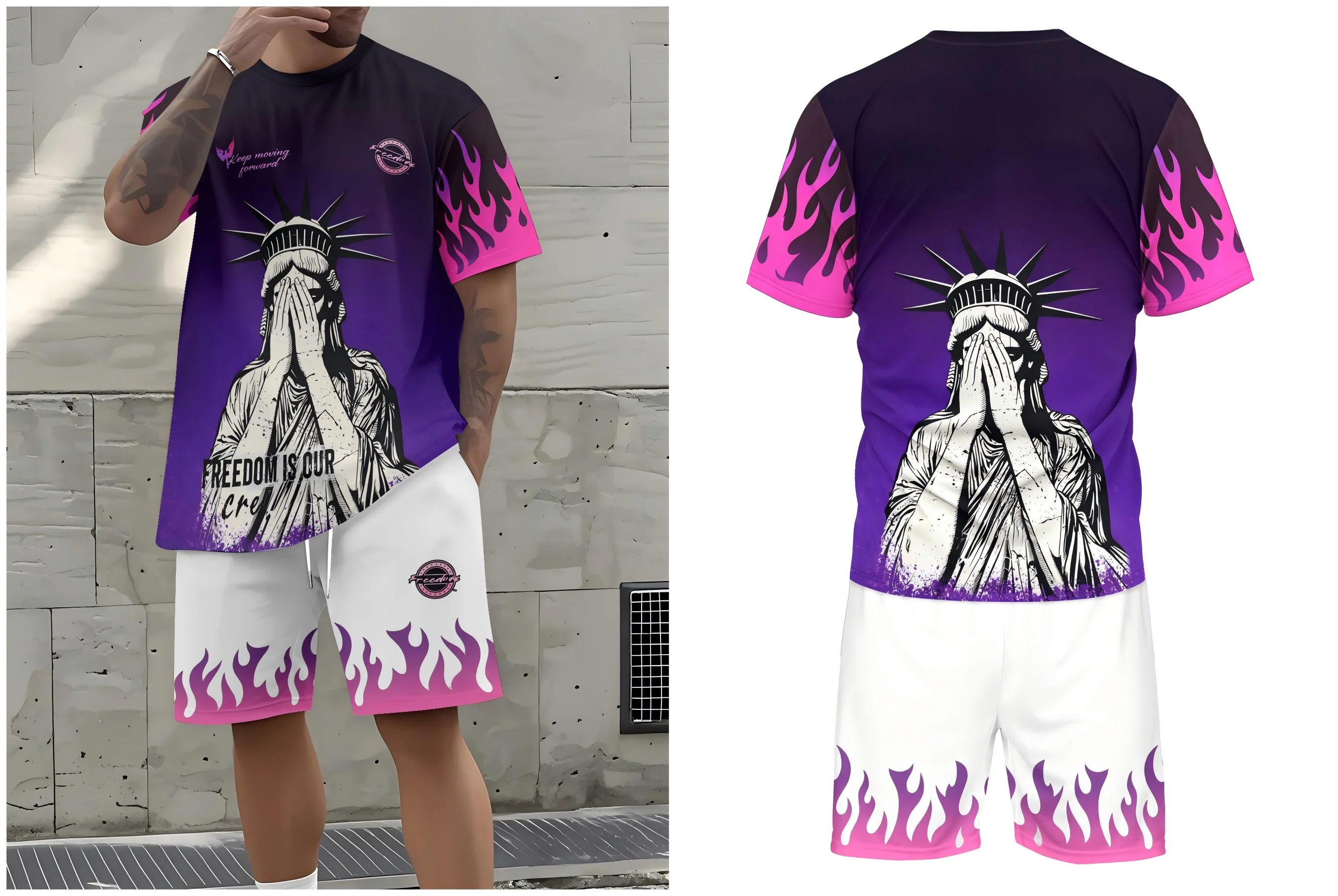 New men's summer Gothic Statue of Liberty print soft and breathable round neck T-shirt drawstring shorts set outdoor streetwear view 5