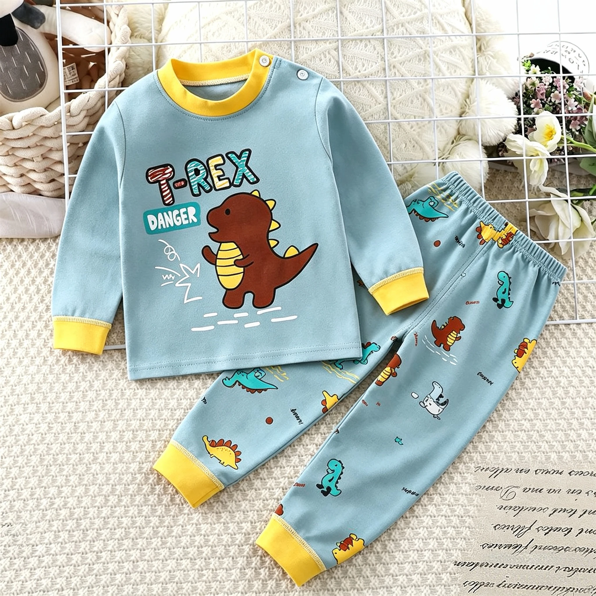 Cartoon-Baumwoll-Unterwäsche-Set für Babys, Mädchen und Jungen, Herbstkleidung, langärmeliges zweiteiliges Set, Kostüm für Kleinkinder, Pyjamas, Freizeitkleidung. – Detail 6