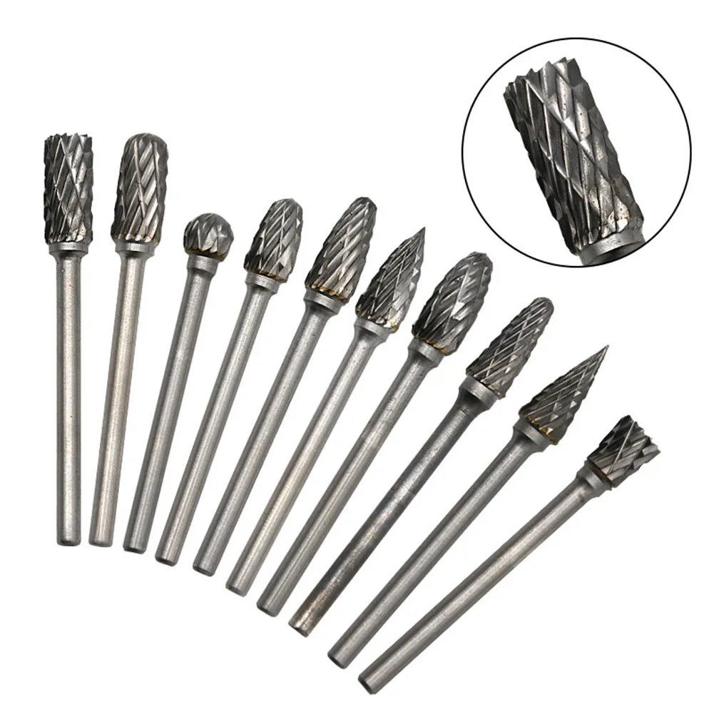 

10pcs Carbide Burr Set Tungsten Steel Double Cut Rotary File Milling Cutter Head Woodworking Grinding Carving Head Set