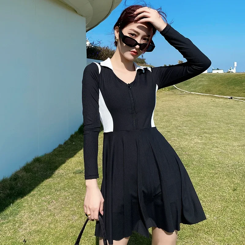 

Asian Long Sleeved One Piece Swimsuit Dress Women's Conservative Skirt Style Coverup Shows Slim Bathing Suits 2024 New Swimwear