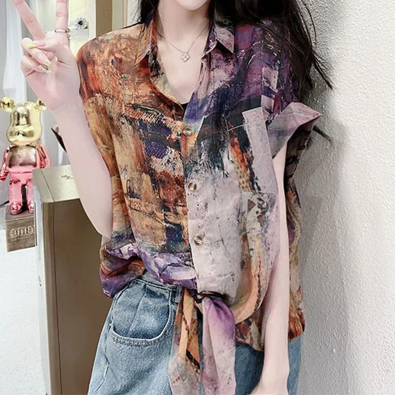 Elegant Vintage Tie Dye Polo-Neck Printed Blouse Summer Women\'s Clothing Korean Casual Short Sleeve Single-breasted Shirt Female