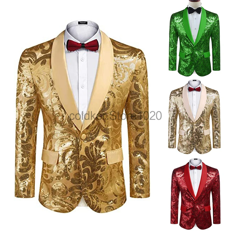 

New Men's Fashion Sequin Suit Jacket Gold Jacquard One Button Blazer Coat Stage Performance Banquet Wedding Dress Up Singer Top