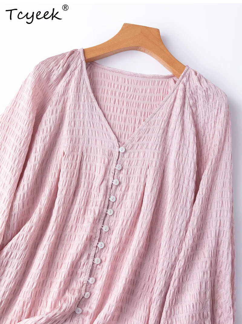 Tcyeek 93% Real Silk Blouses for Women 2026 Spring Fairy Style Shell Pleating Lantern Sleeves Shirt Ladies Clothes Chemise Femme