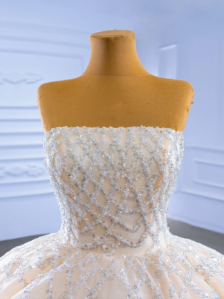 Aseoase Real Photo Champagne Wedding Dresses Ball Gown Strapless Tulle Beaded Dubai Arabic Luxury Wedding Gown Bridal Dresses