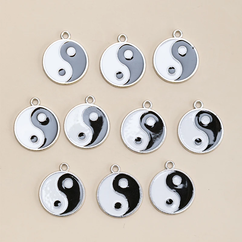 10pcs 20*17mm Silver Color Plated Enamel Tai Chi Tai Ji Ying & Yang Charm Pendant One Side DIY Jewelry Findings Accessories