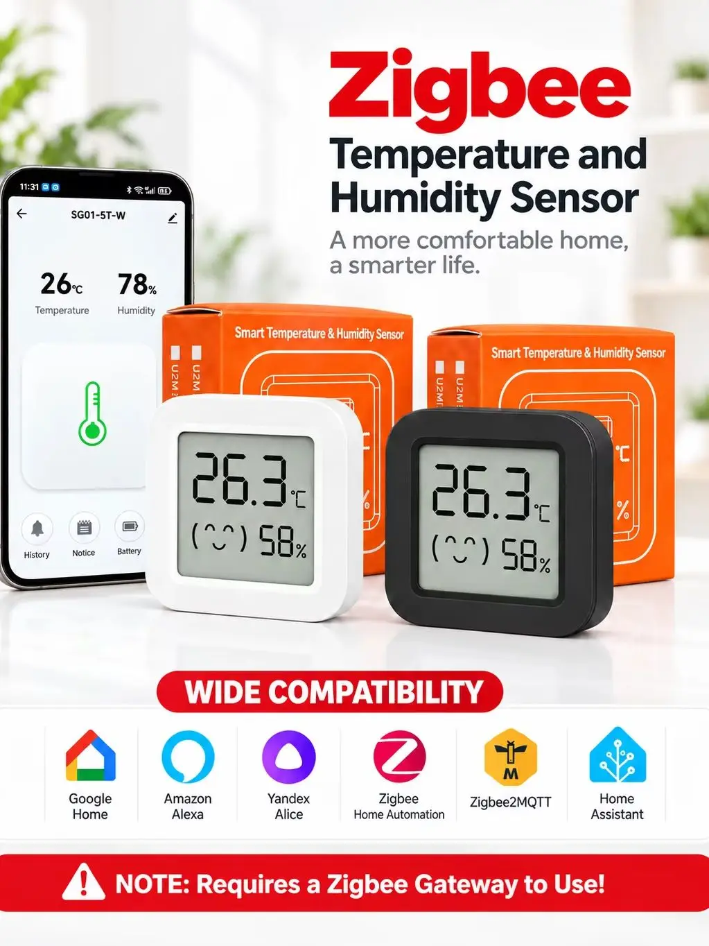 Zigbee 3.0 Sensor Mini Temperatur- und Feuchtigkeitssensor mit LCD-Anzeige, Zigbee-Gateway erforderlich, funktioniert mit Yandex Zigbee2MQTT Alexa