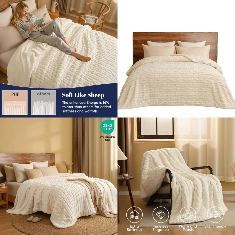 

Флисовое одеяло из шерпа королевского размера, 108x90, 510GSM, легкое тепло, без линяния, без катышков, жаккардовый с тафтингом, кремовый