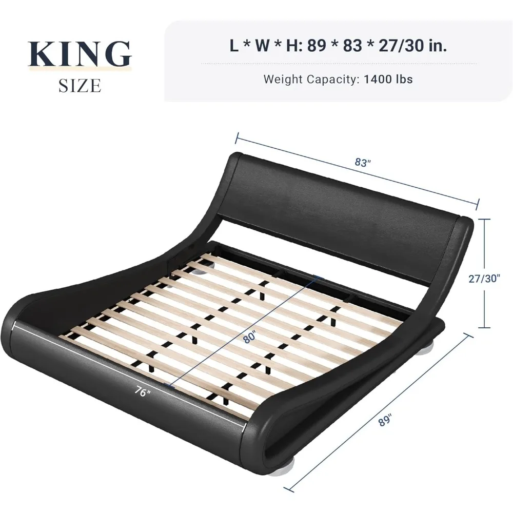 King Size Upholstered Platform Bed Frame with Ergonomic & Adjustable Headboard, Low Profile Sleigh Design for Elegant Bedroom