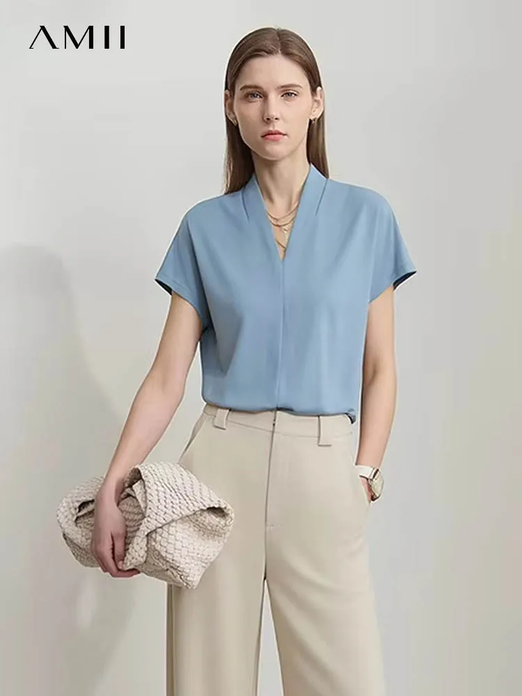 AMII-Camiseta minimalista para mujer, ropa de estilo clásico informal con cuello en V, manga corta, Tops elásticos sólidos para mujer 2023