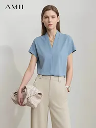 AMII minimalizm 2023 yaz kadın T-shirt klasik tarzı rahat v yaka kısa kollu katı streç kadın Tops & Tees 12312013