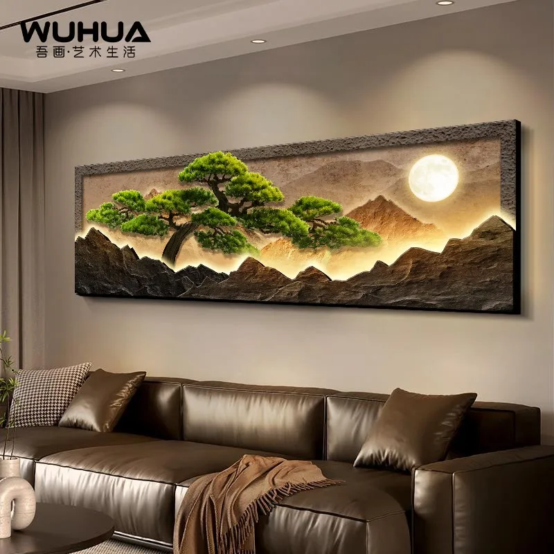 Welcome Pine New Chinese Style Living Room Decor Painting - Grand Landscape Sofa Accent Wall Hanging Art - Zen Tea Room Lighted
