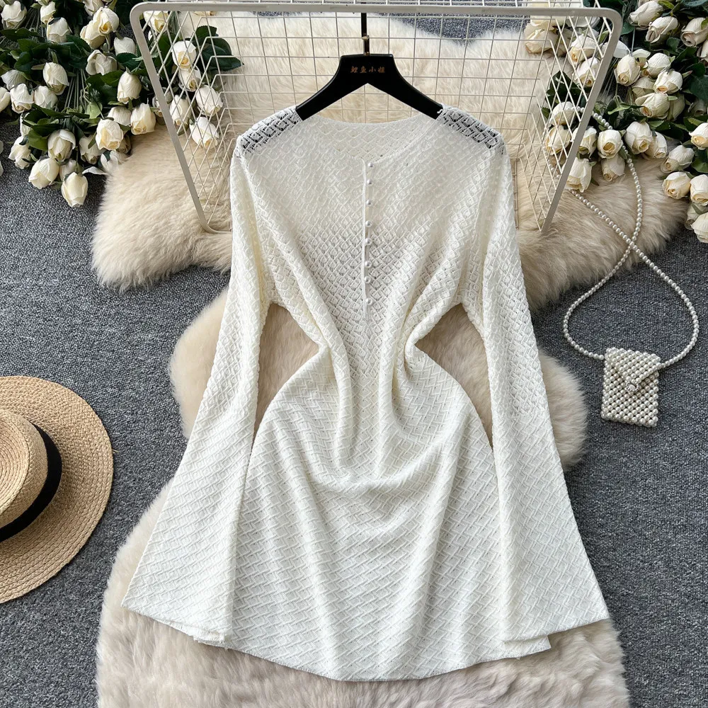 

Short Dress Women Knit Dresses A Line Vestidos Y2k Streetwear Round Neck Full Sleeve Elegant Splice Party Night Work Hollow Out