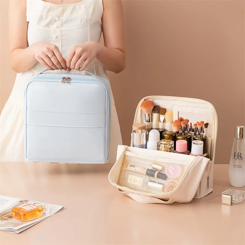 

Large Capacity Cosmetic Tools Organizer with Partition Luggage Strap Multiple Zippered Pockets Standing-up Comestic Toiletry Bag