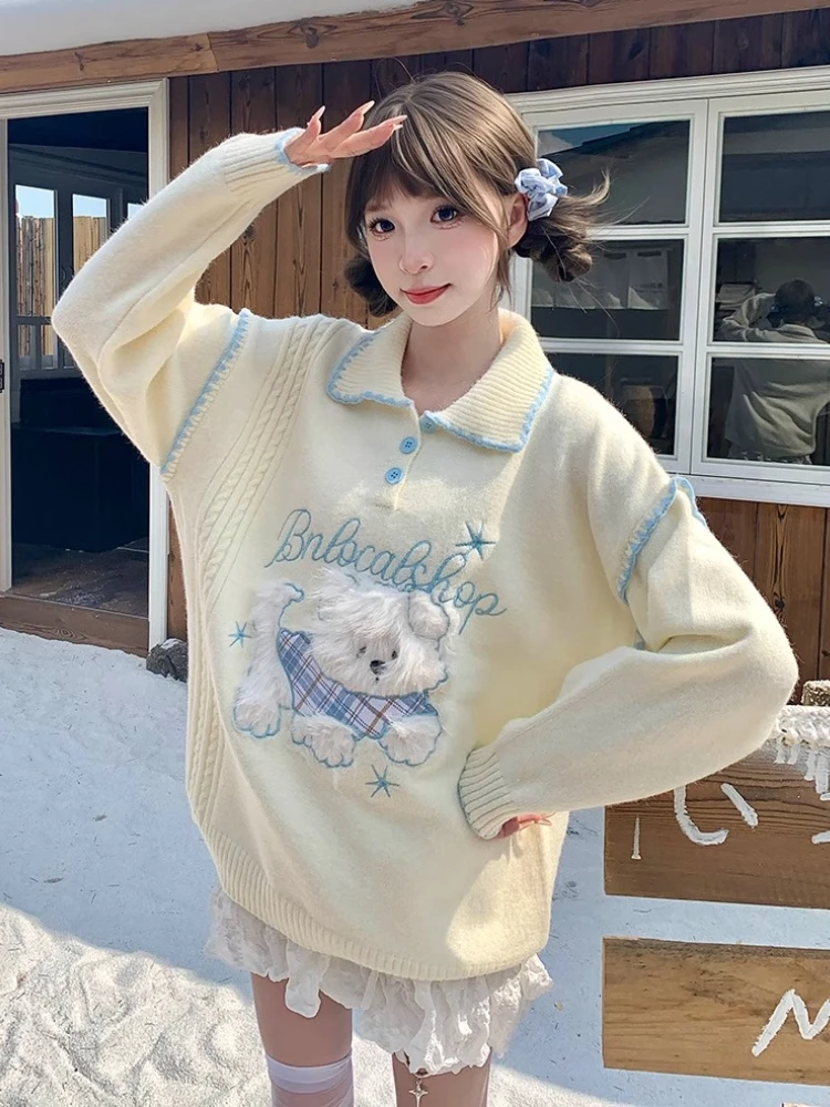Sweet Lolita Girls Japanese Kawaii Fluffy Puppy Polo Sweater, Soft Pastel Collar Knit Top for Women Thicken Winter Warm Tops