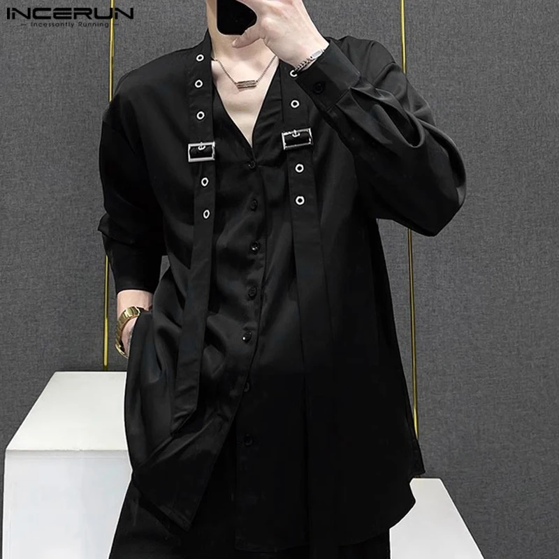 INCERUN Tops 2024 Korean Style Handsome Men\'s Ribbon Design Shirts Casual Streetwear Male Solid Loose Long Sleeved Blouse S-5XL