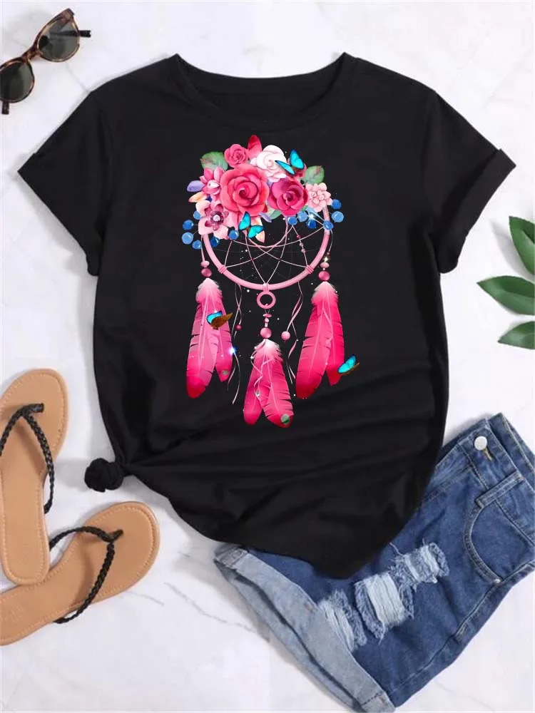 

Fashion Feather Dreamcatcher T Shirt Women Harajuku Graphic Tees Shirt Femme Dream Catcher Women's T-shirt Clothes Tops