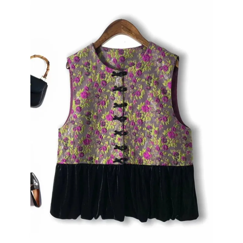Women's Purple Floral Jacquard Vest With Black Velvet Ruffle Hem Sleeveless Casual Waistcoat