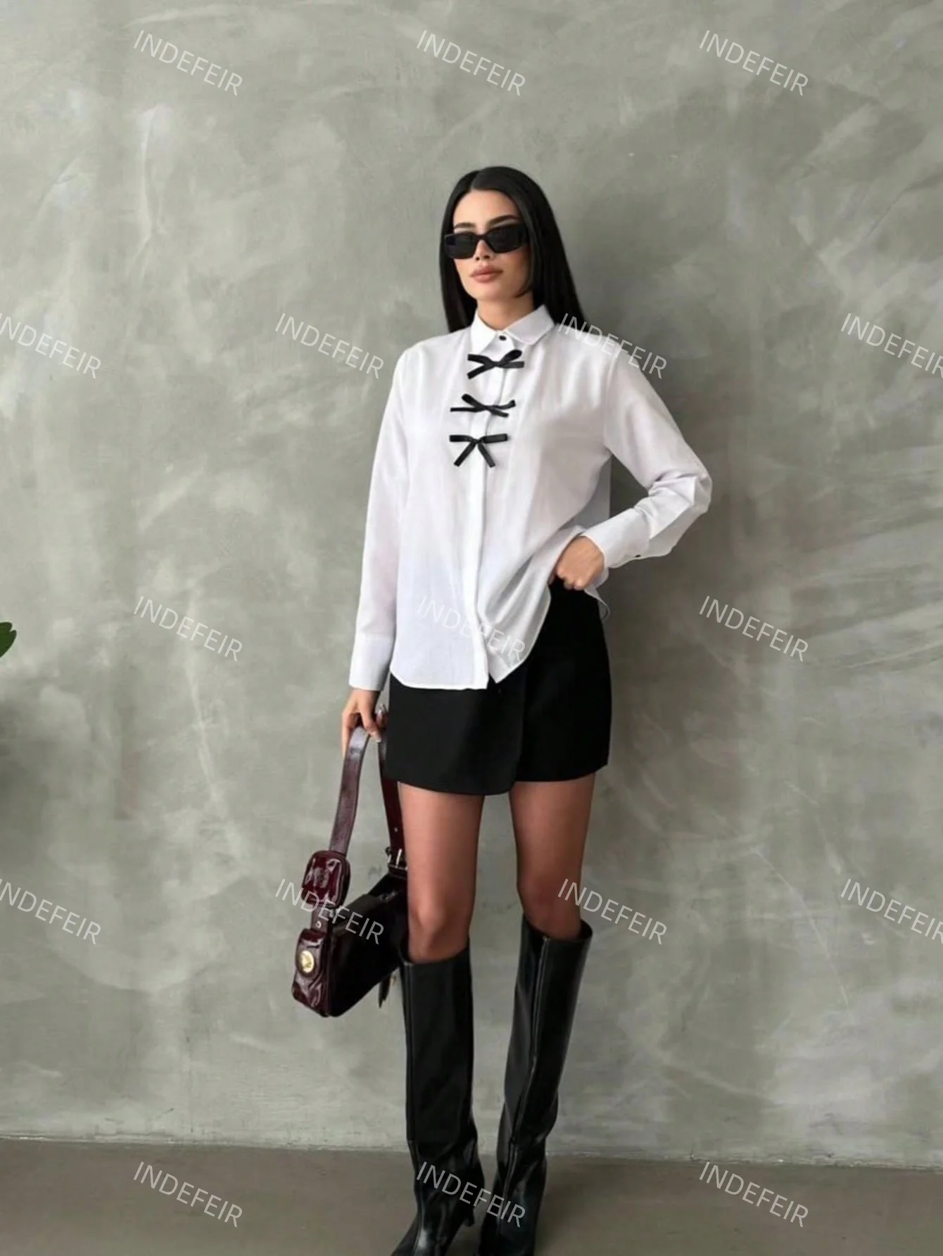 

Indefeir Spring and Summer New Summer Women's Casual Fashion Elegant Bow Decorated Long-Sleeved Lapel Shirt