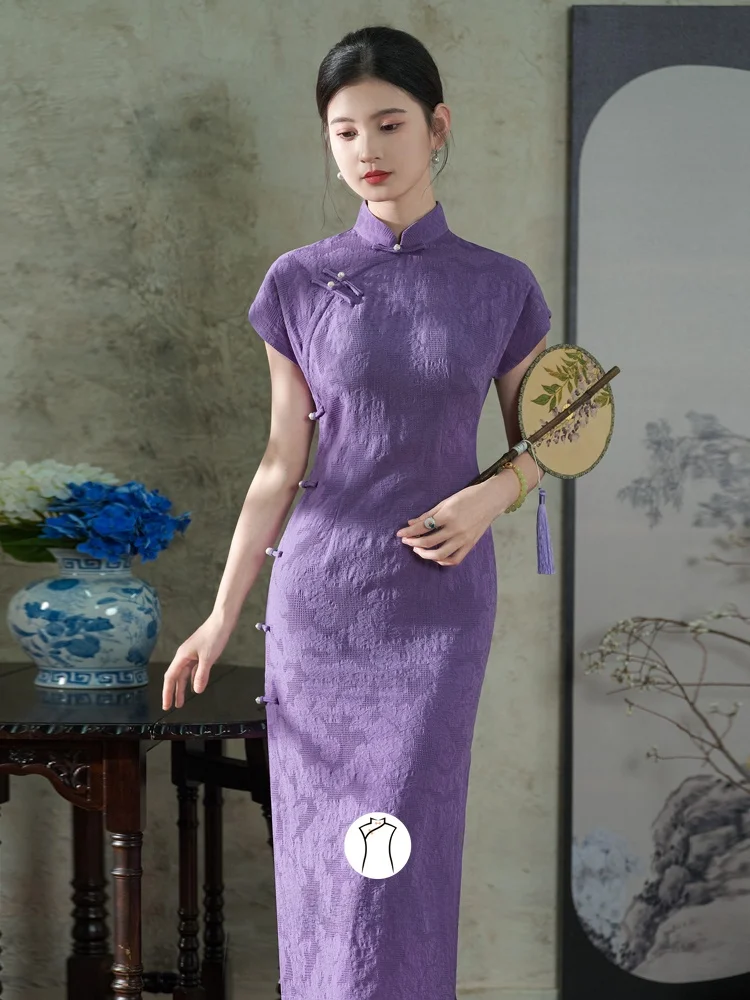 

in Meng Purple New Chinese Sle Young Girl's Dr Beautiful Floral Embroidery Long Qipao ort Sve Breathable Daily Wear