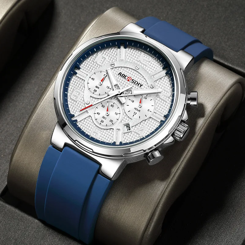 

Спортивные часы AOCASDIY, популярные повседневные мужские часы, многофункциональный хронограф, большой циферблат, водонепроницаемые, с силиконовым ремешком, кварцевые часы.