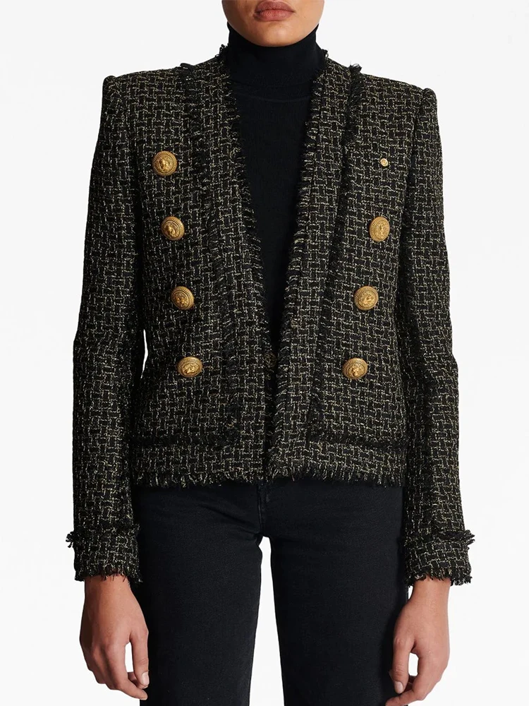 HIGH STREET Newest 2024 Stylish Designer Jacket Women's Lion Buttons Plaid Fringed Tweed Jacket