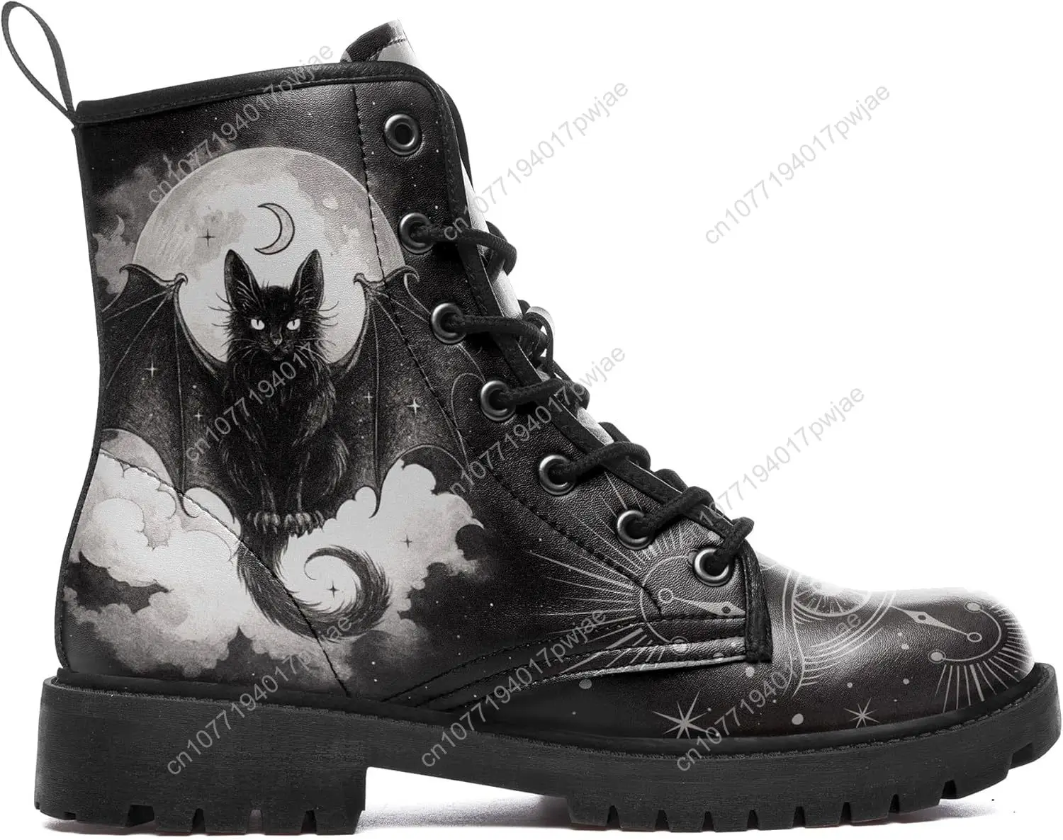 Botines de combate góticos para mujer, botines de cuero vegano con cordones y ilustraciones de animales, bota negra de moda con tacón grueso Punk Rock