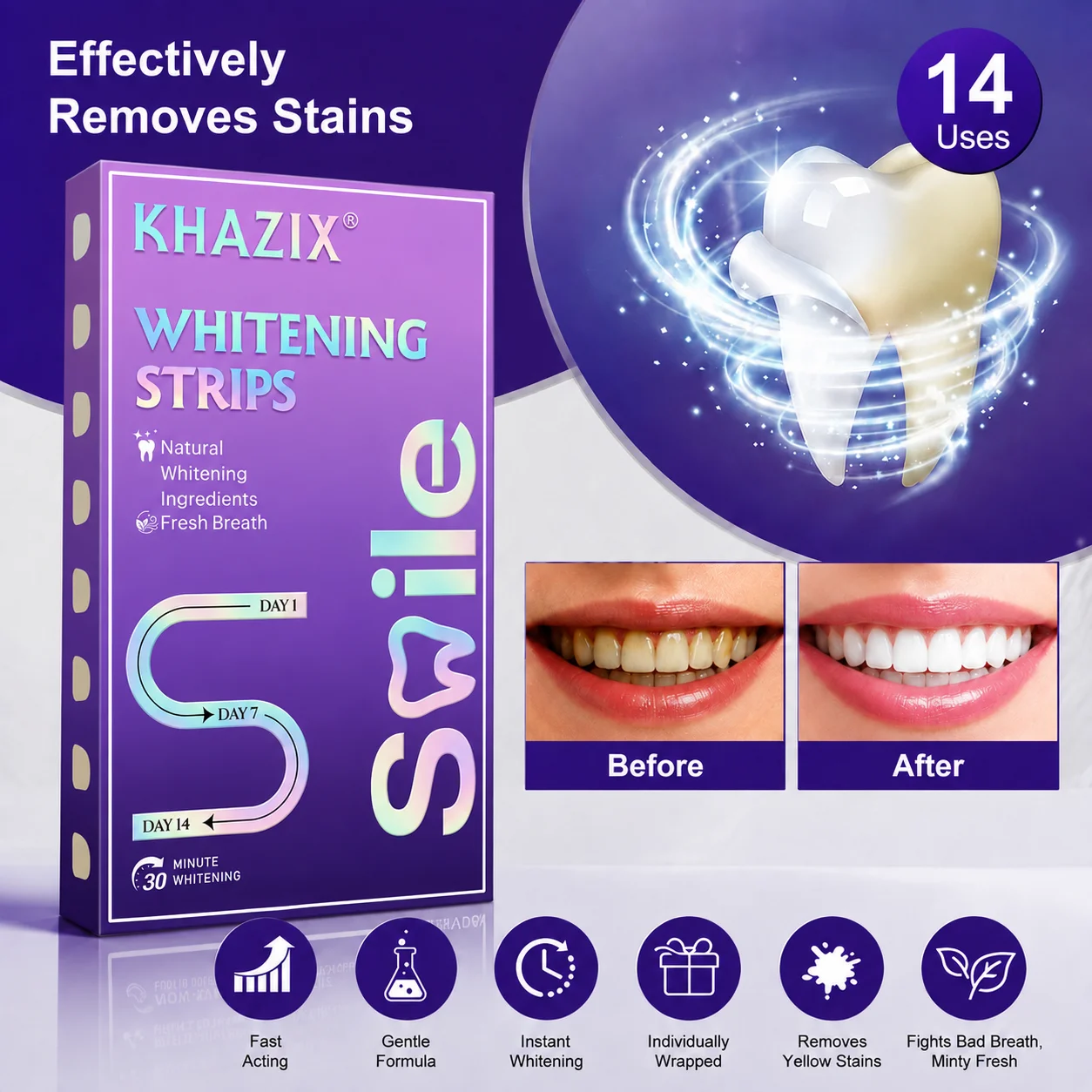 Teeth Whitening Strips for Whiter-Looking Smile, Flexible Tooth Strips Easy to Apply for Daily Cosmetic Care