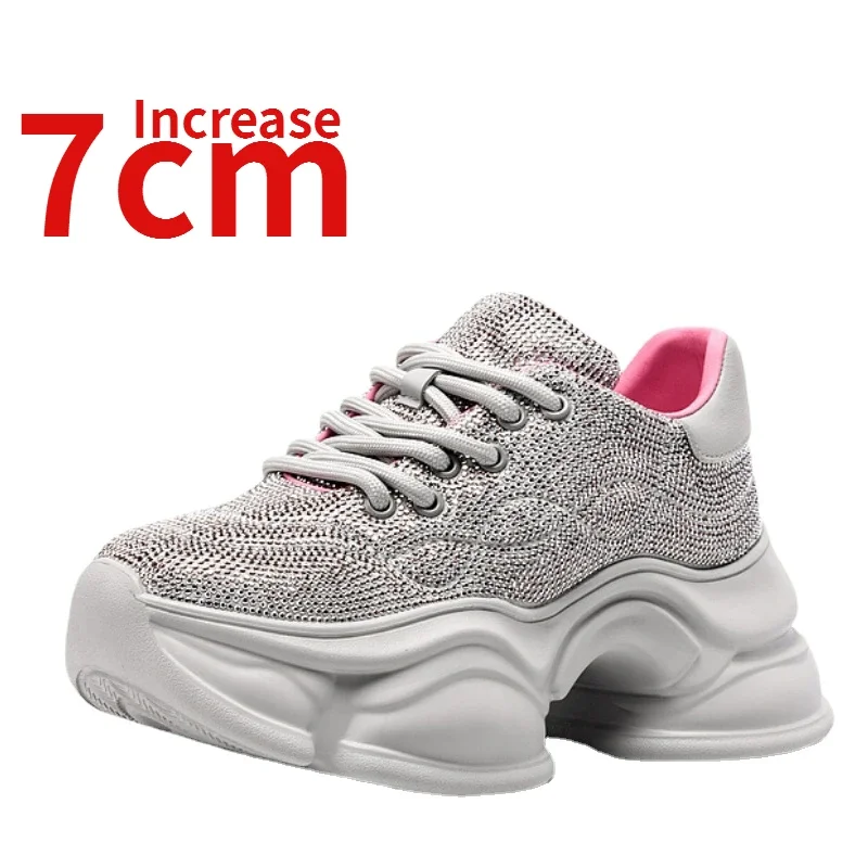 Genuine Leather Thick Soled Dad's Shoes for Women Increased 7cm Space Silver Rhinestone Sneakers Height Increasing Casual Shoes