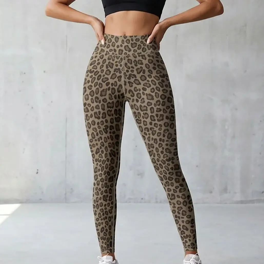 

Grey green +leopard print women's high waisted yoga pants, high stretch quick drying sports leggings, gym fitness leggings