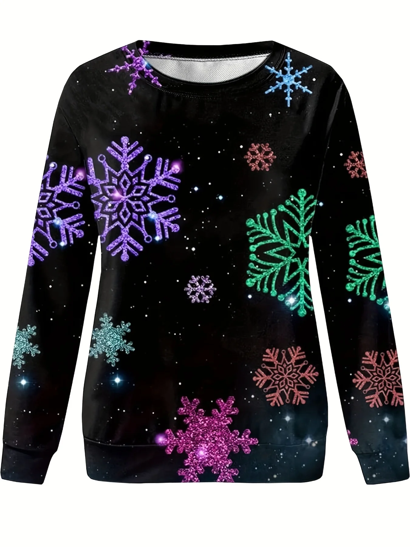 Women Round Neck Long Sleeve T‑Shirt Colorful Glitter Snowflake Print Festive Holiday Casual Daily Party Top Women's Clothes