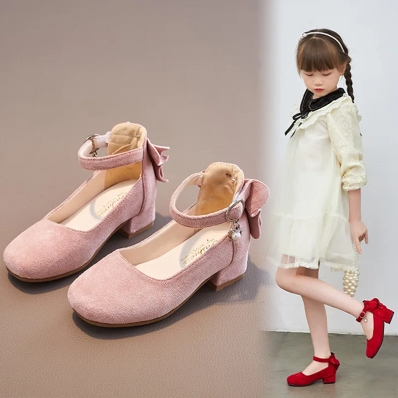 Kids High Heeled Shoes Girls Princess Shoes For Party Wedding Dance Childrens Fashion Velvet Black Pink Red Leather Shoes 3-15T