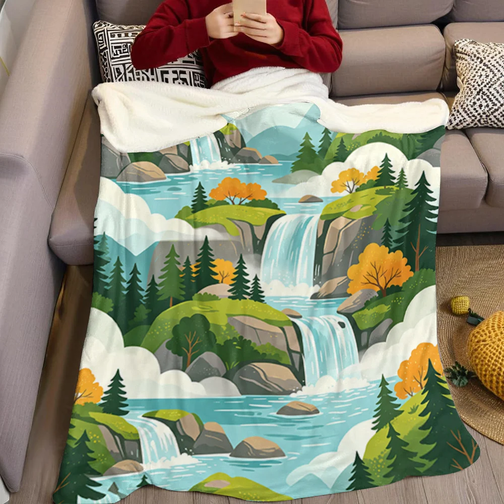 Forest Waterfall River Flannel Blanket Warm Soft Halloween Christmas All-Season Couch Decorative Cozy Warm Gift