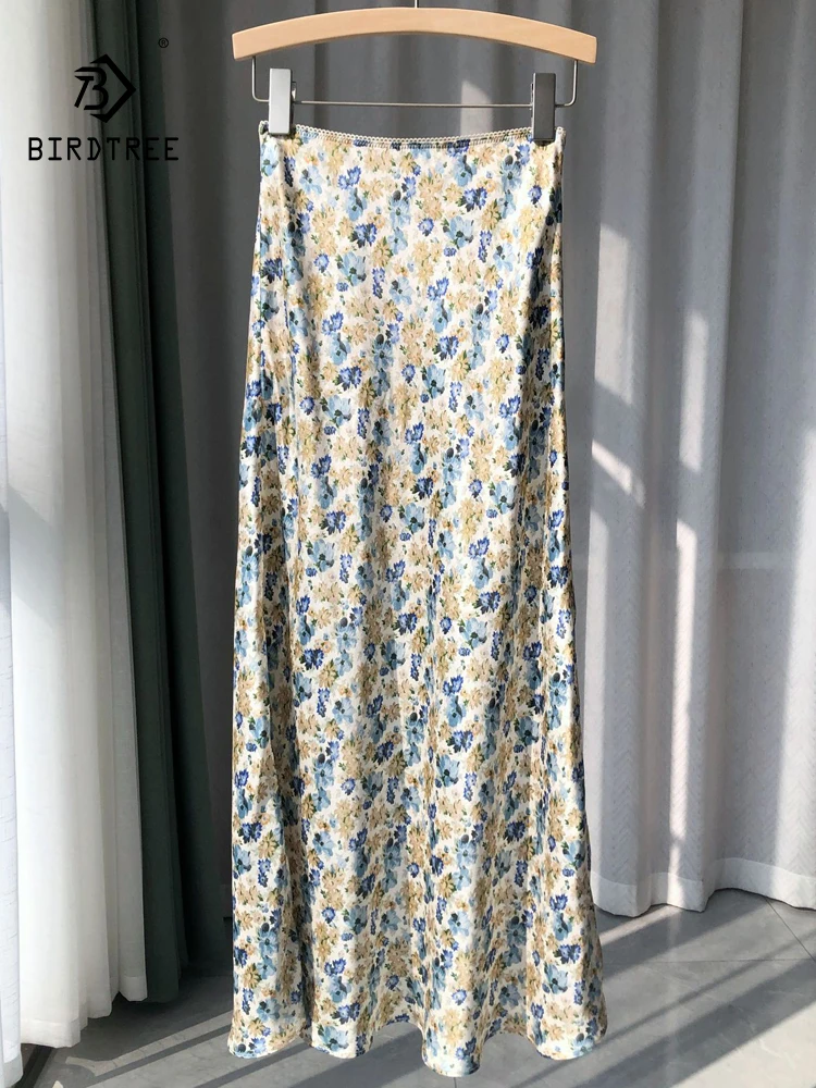 

BirdTree-Women 20MM 100% Silk Elegant Skirt, Elastic Waist Printed, French Retro Temperament Party Skirt, 2025 Summer B55953CC