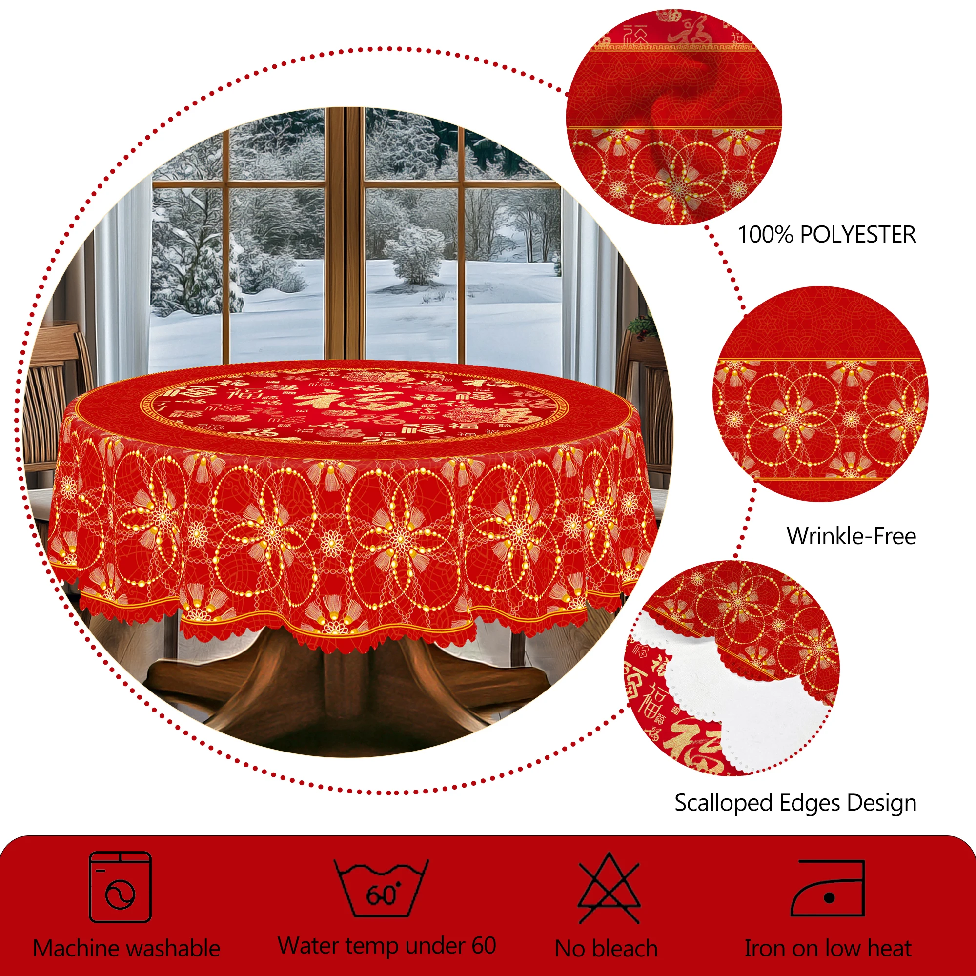 1 Piece of Chinese New Year and Spring Festival Decorative Round Tablecloths, 5 Sizes Available, Chinese Knot Printed Square Tablecloths with