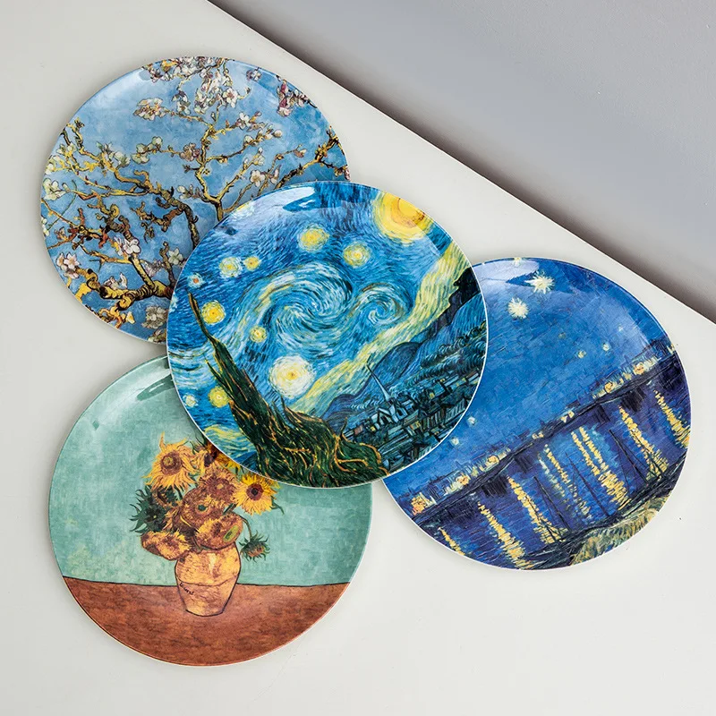 High Quality Van Gogh Oil Painting Bone China Plate 8 Inches Ceramic Dinner Plate Set Kitchen Dishes Plate Dinner Plates Art