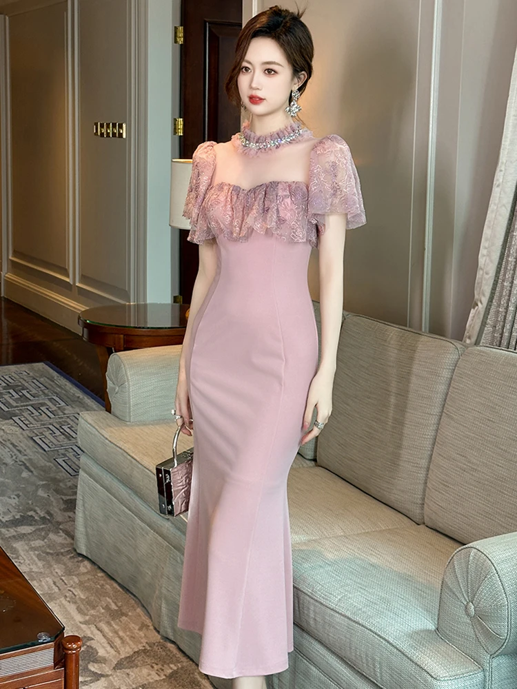 Feminino elegante socialite vestido de noite mulher sexy diamante renda pura malha babados fishtail robe feminino festa banquete vestidos