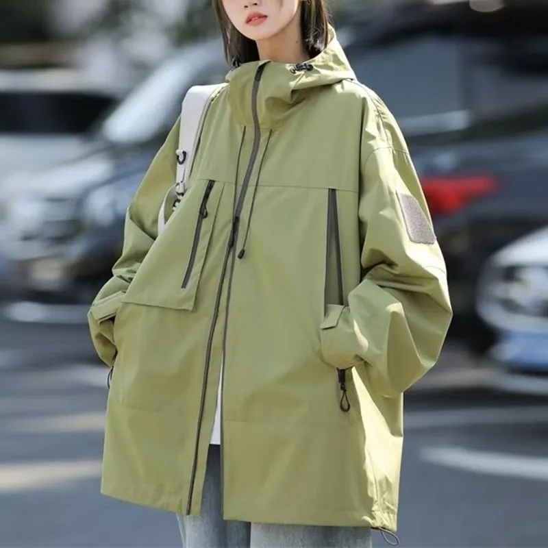 Green Functional Charge Jacket Outdoor Sports Coat Windproof Waterproof Casual Jackets Zippe Big Pockets Tops Spring, Autumn New