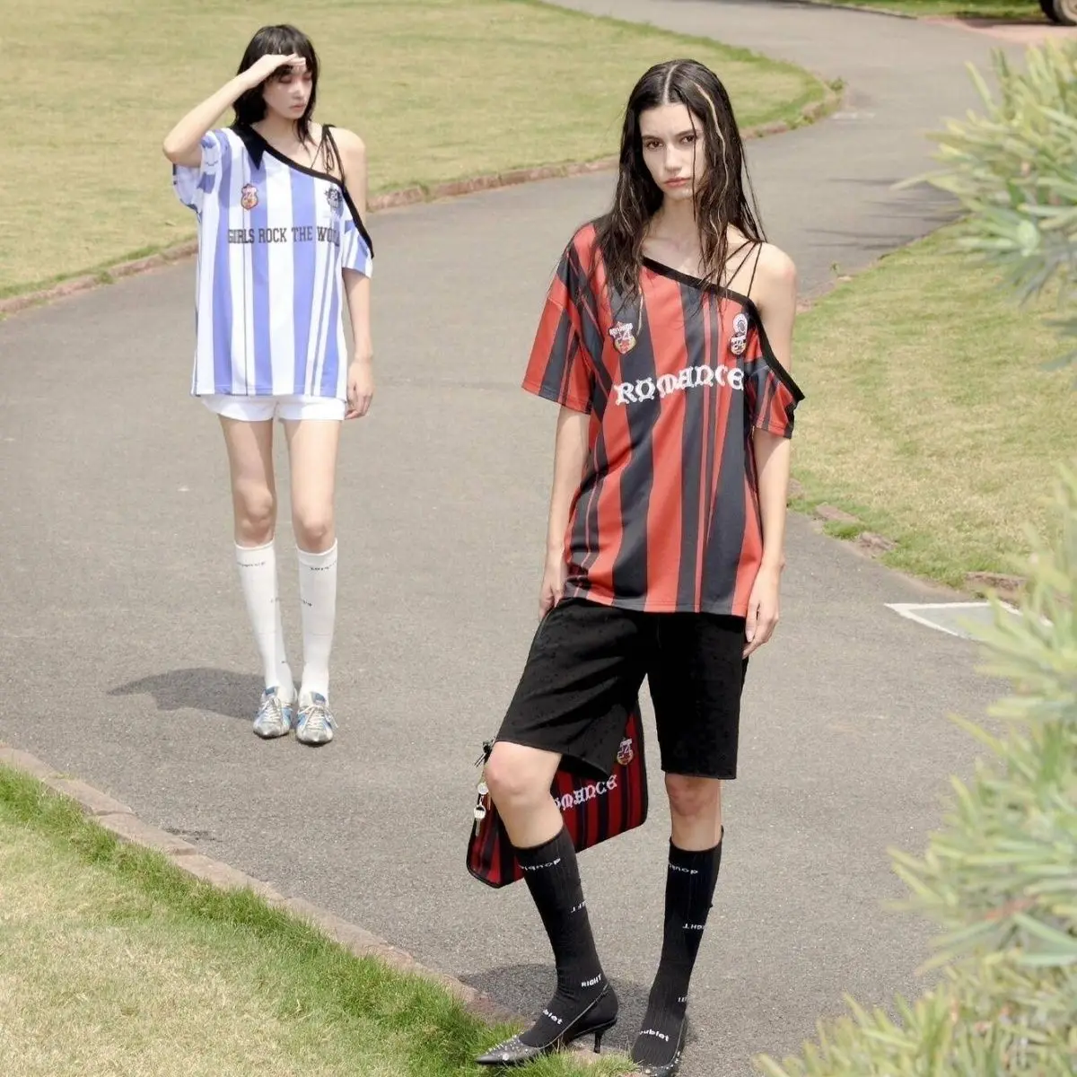 

American Retro Casual Sports Personalized Short Sleeved Jersey for Women Striped Off Shoulder Tops Cool Street Sexy Girl T-shirt