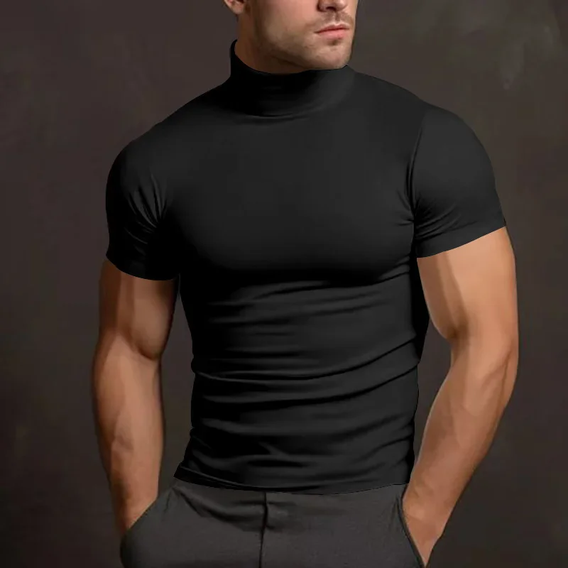 Men's compress Sports T-shirt High Collar shirt training elastic quick drying short sleeve T-shirt men Solid color Tight tops