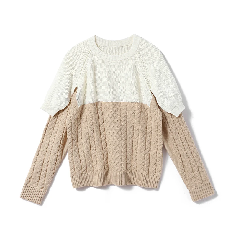

White And Beige Wool Sweater Anti Soiling Commuter Sle round Ne Regular Thin Long Sve Casual Wear Color Blo