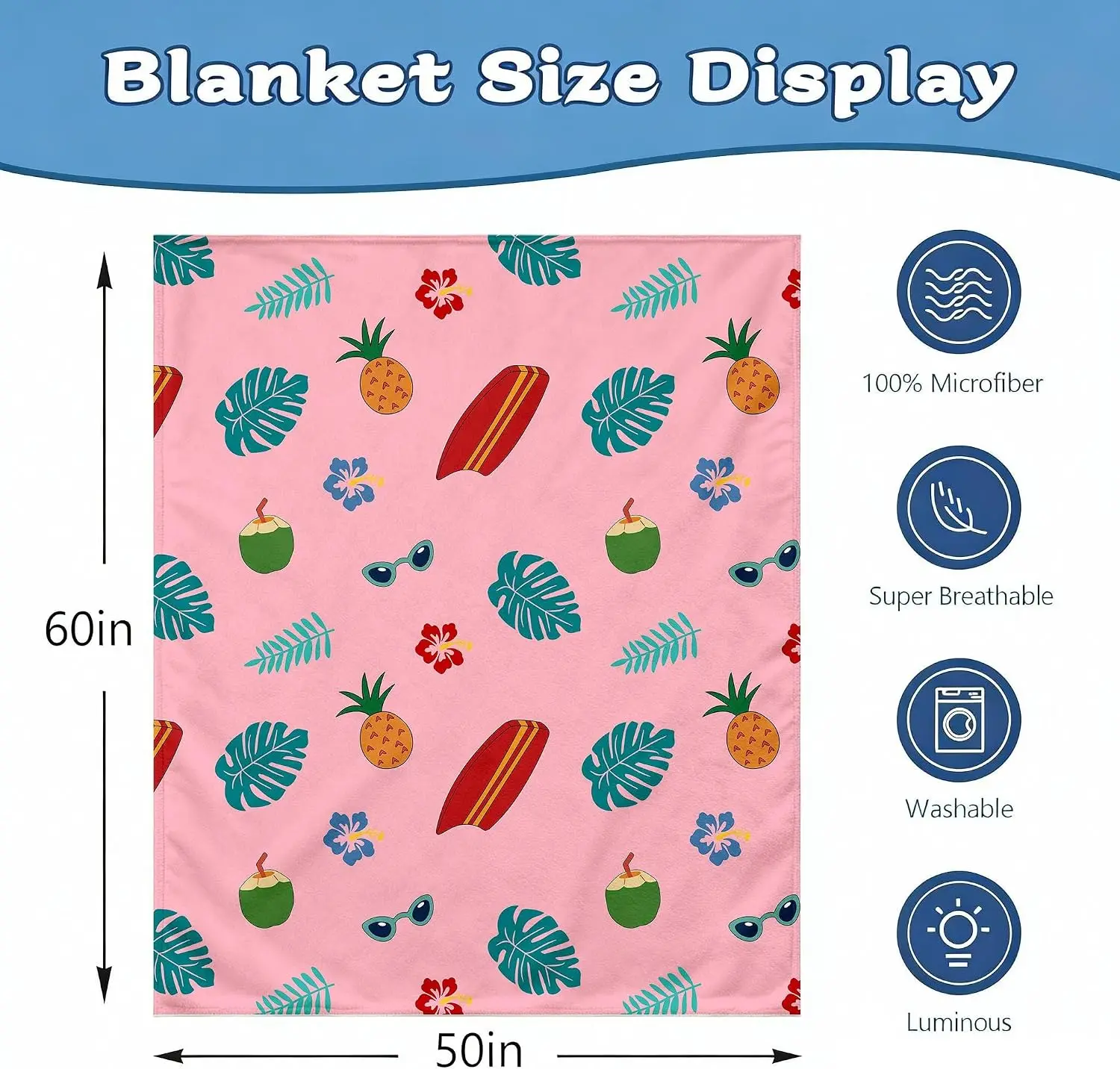 Pink Hawaiian Summer Flannel Throw Blanket Tropical Leaf Pineapple Surfboard Print Soft Warm Blanket for Sofa Bedroom Beach Gift