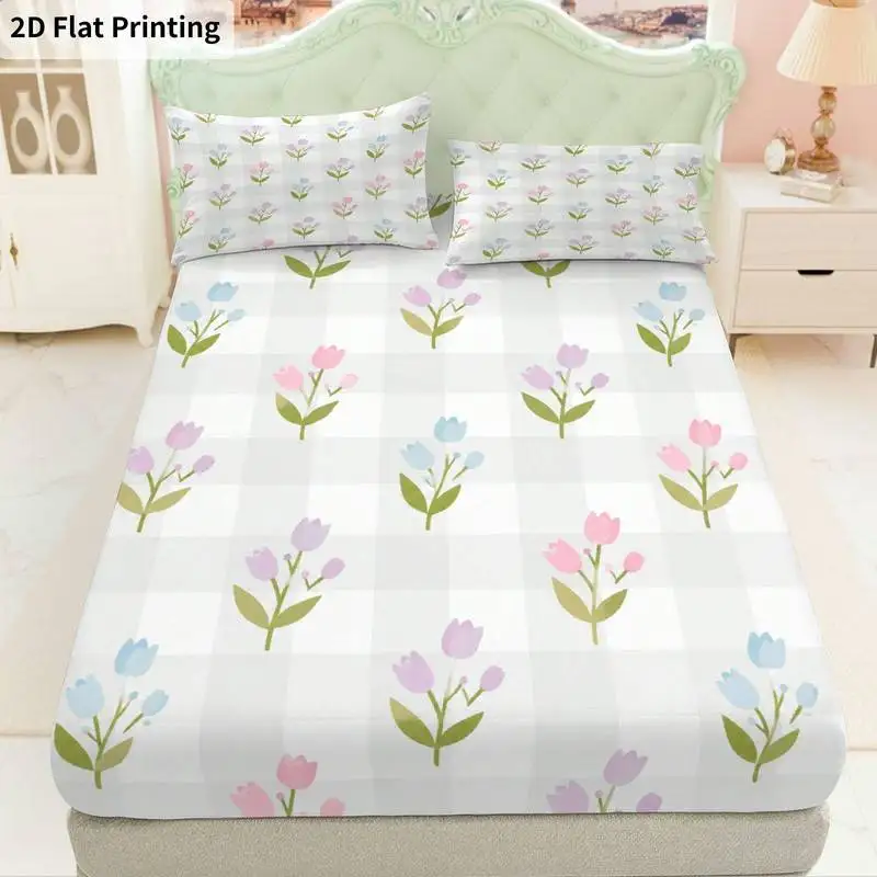 3Pcs Pastelfloralgrid Fitted Sheet Three Piece Set (1*Fitted Sheet + 2*Pillowcases, Coreless), Bedding Set