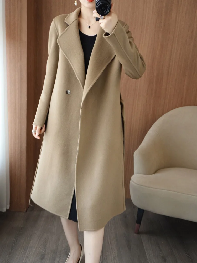 Autumn and Winter New 100% Pure Wool Double Sided Fleece Coat Over Knee Length Loose and Simple Fashion Solid Color Women's Coat