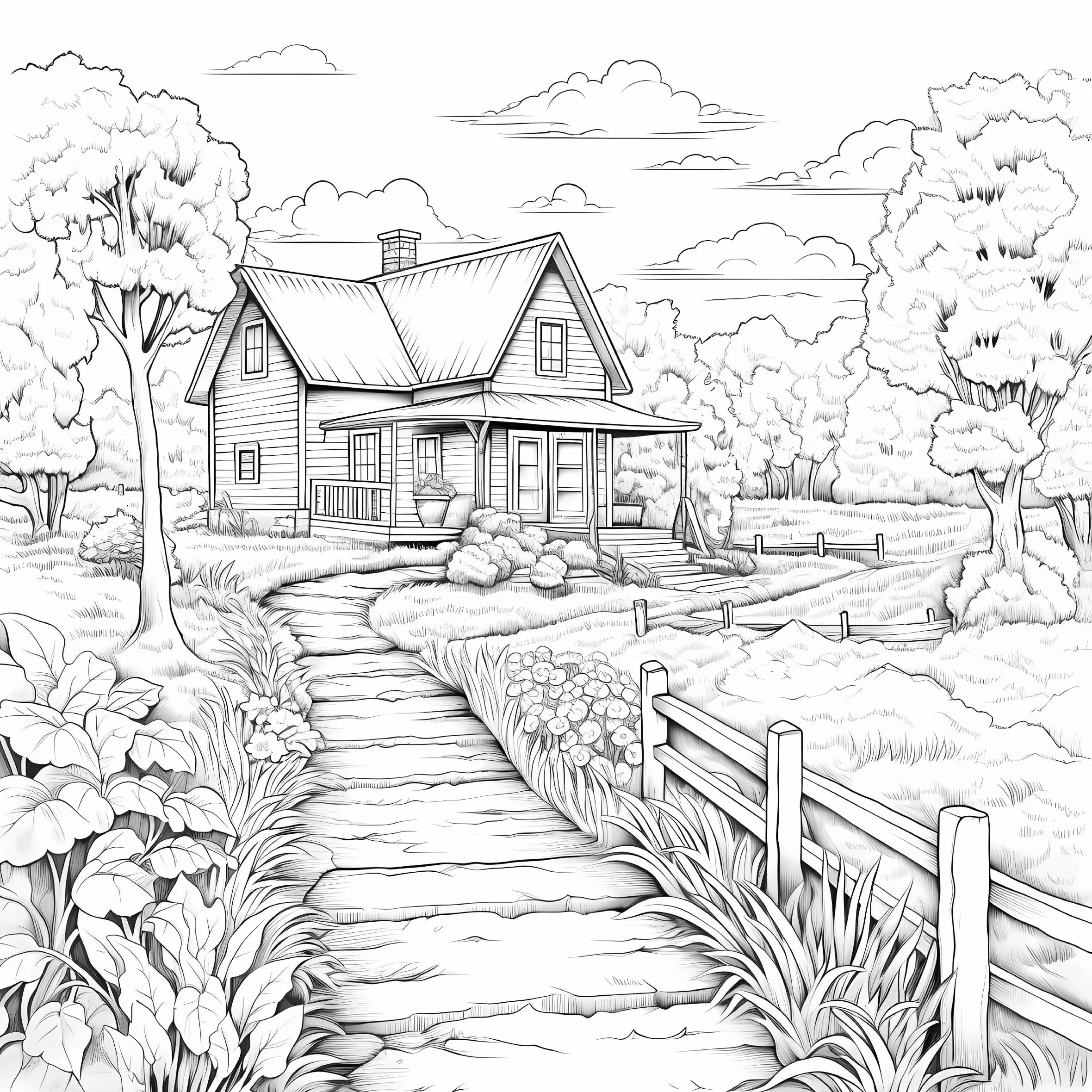Quiet Countryside Coloring Book 20 Page House Landscape Adult Picture Book Kill Time Relaxing Art  Doodle Painting Drawing