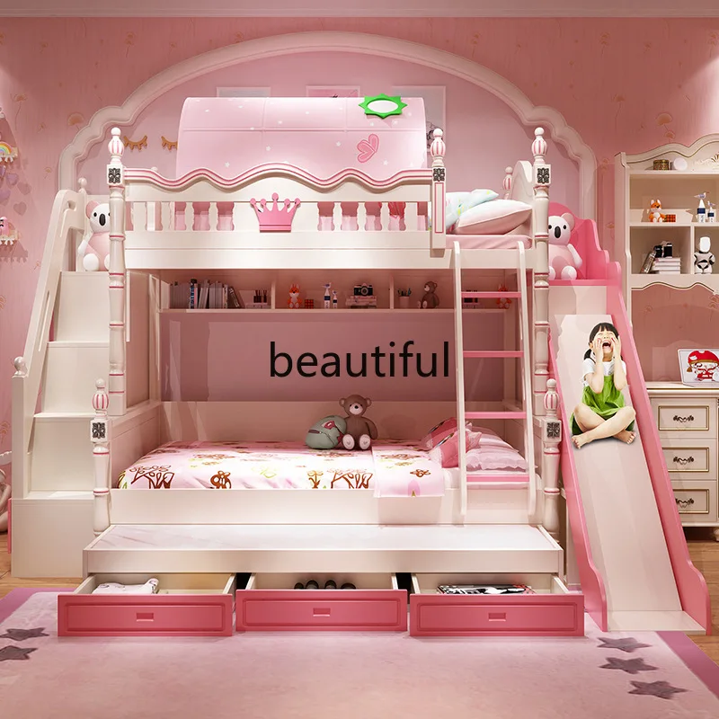 Children's furniture girl princess bed with slide  upper and lower  bunk combination