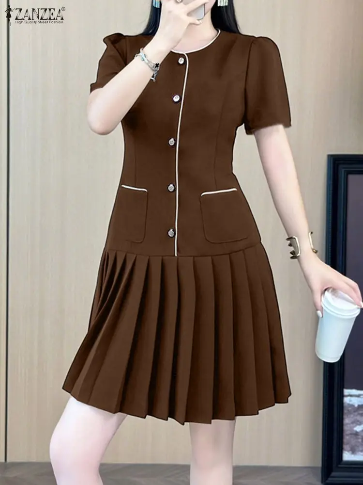 

ZANZEA Womens Elegant Chic Pleated Dresses Summer 2025 Casual Contrast-Piping O-Neck Short Sleeve Knee-Length Dress Office Wear